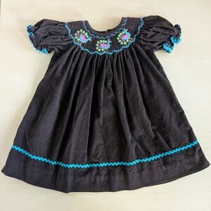 Shrimp & Grits Kids Brown Corduroy Smocked Peacock Embroidered Dress 18M